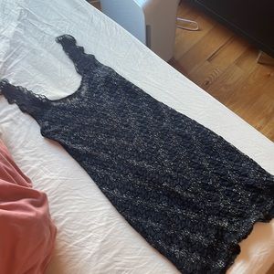 Vintage Y2K Free People Lace Knit Dress Black Metallic Silver Thread